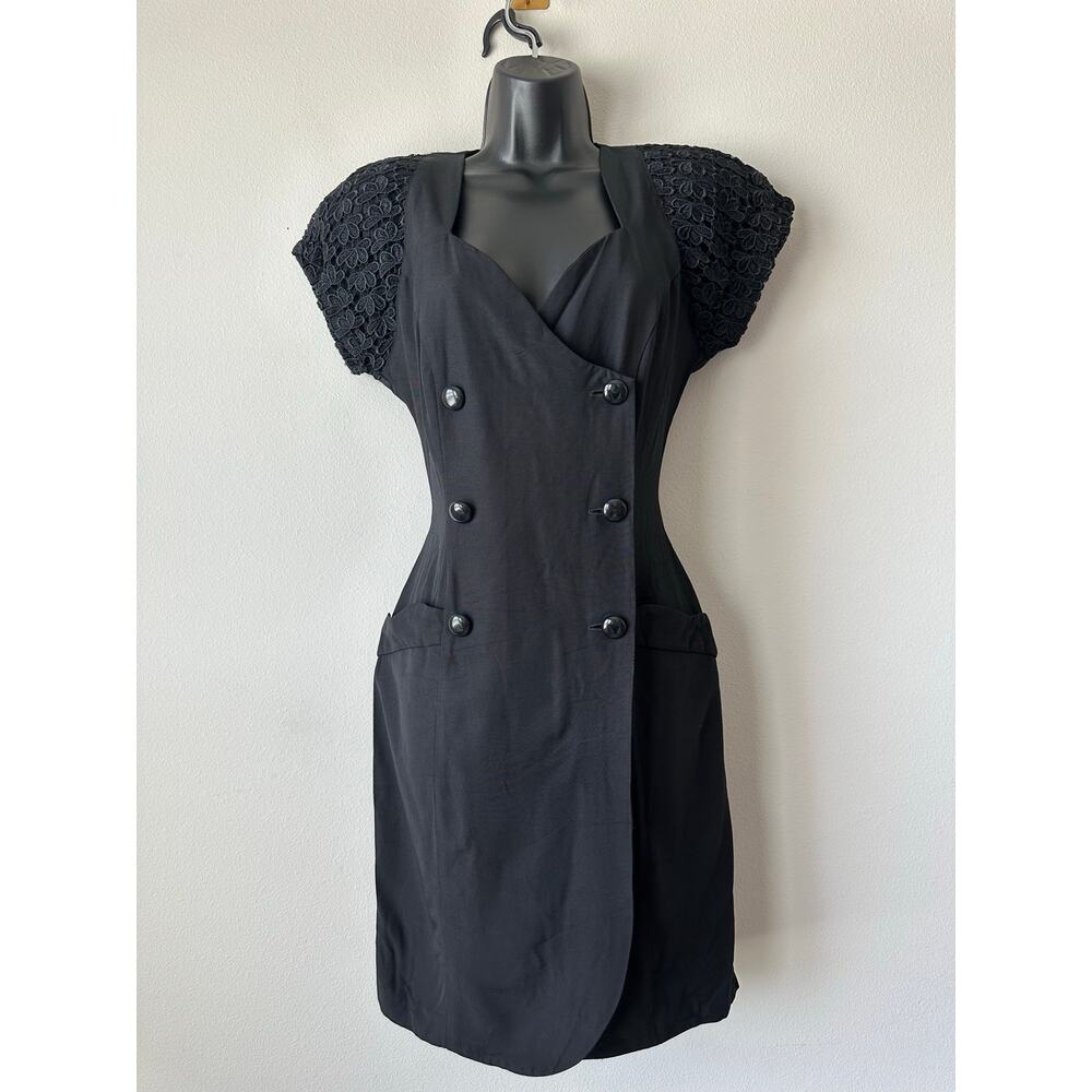 Vintage 80s Black Power Dress Lace Cutout Wiggle Dress Goth Cocktail Size m